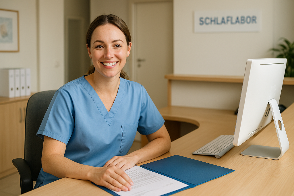 Freundliche Mitarbeiterin der Patientenaufnahme im Schlaflabor einer HNO-Klinik