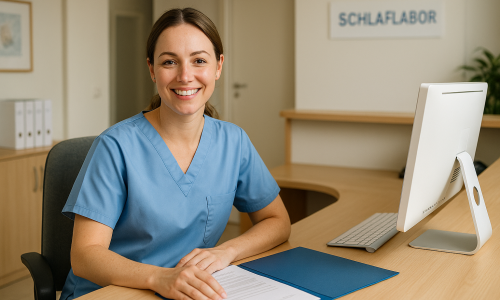 Freundliche Mitarbeiterin der Patientenaufnahme im Schlaflabor einer HNO-Klinik